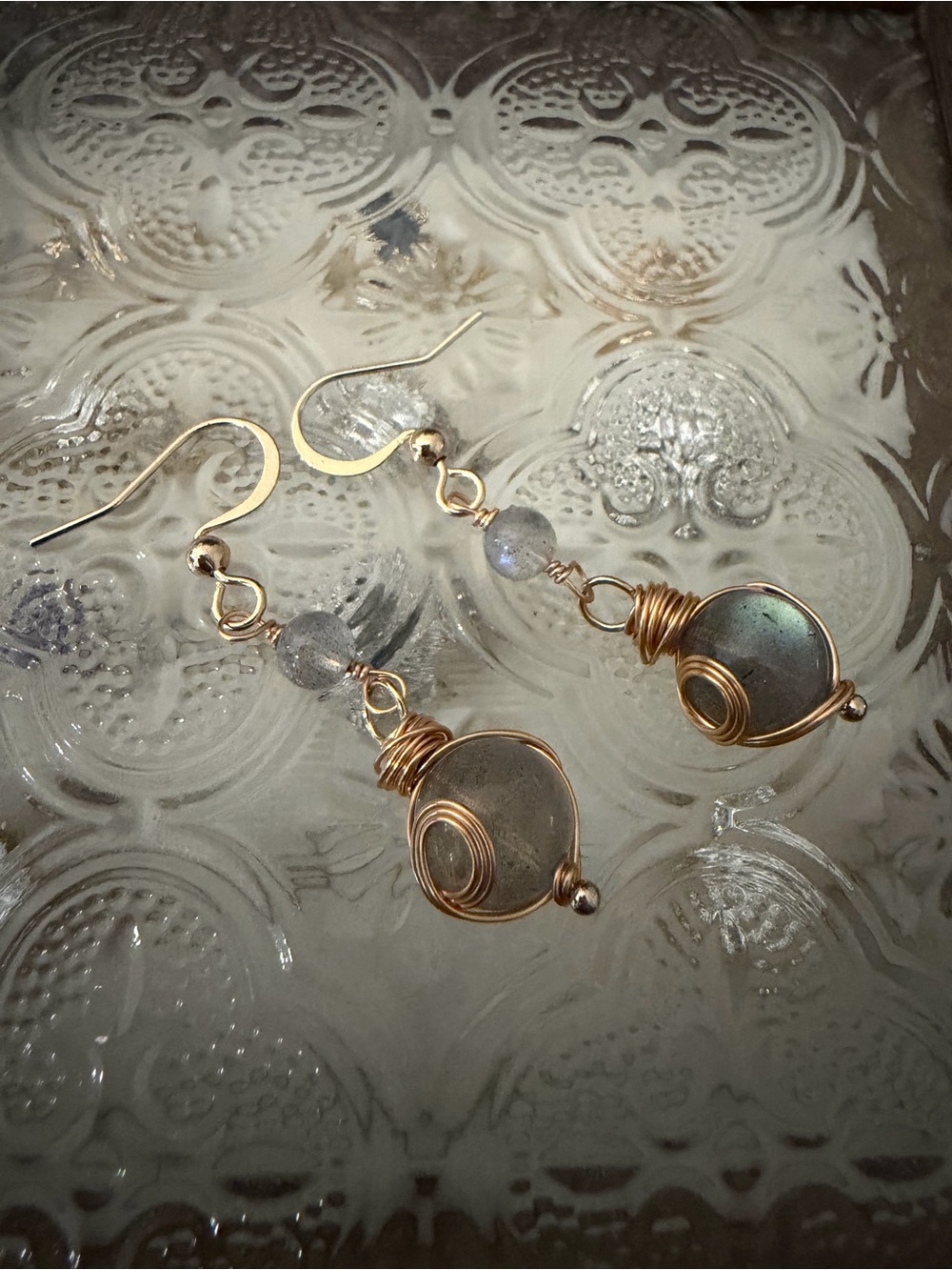 NEW 14kt yellow Gold filled Wire natural Labradorite Drop Dangle hook Earrings